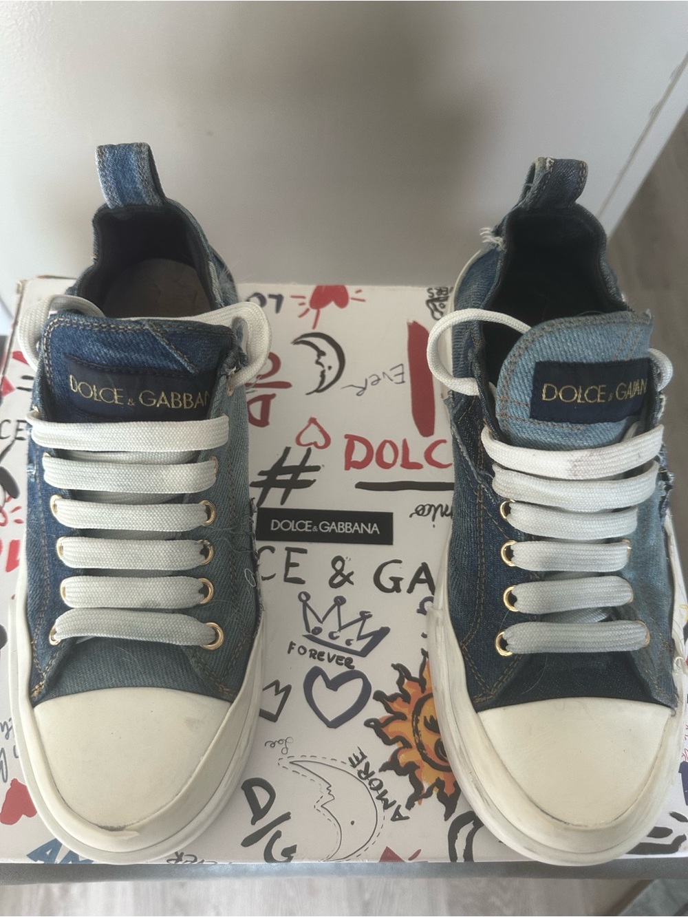 Dolce & Gabbana Denim High-Top Sneakers - Blue & White